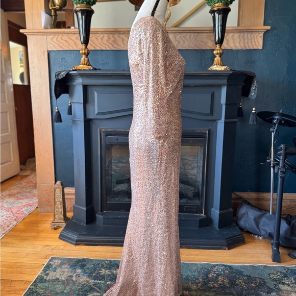 Gold Sequin Embellished Gown with Crew Neck - Picture 2 of 6